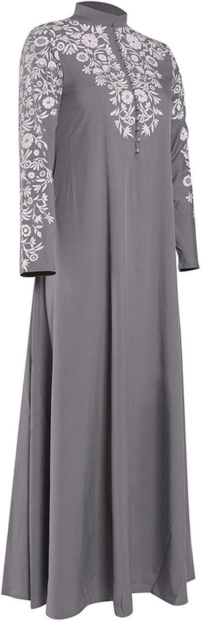 Abayas for Women Muslim Chiffon Prayer Robe Burkas for Women Muslim Dress Vintage Printed Full Length Islamic Abaya Set Long Sleeve Flowy Abaya Dubai Islam Robe African Turkey Caftan Grey XL