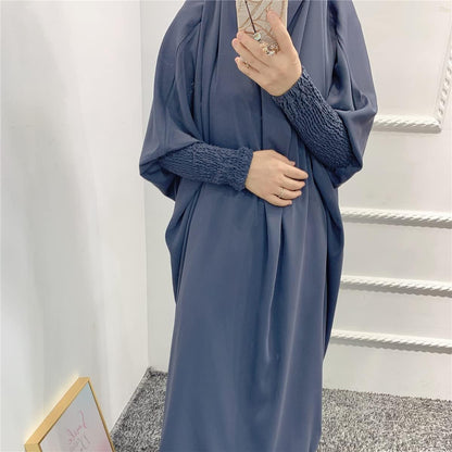 Women Muslim 2 Set Solid Color plus Long Sleeve Thobe One-Size Longuette Overall Abaya Thobe with Hoodied Hijab
