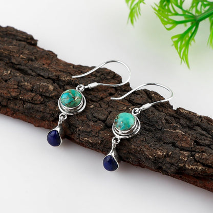 Turquoise & Lapis Lazuli Gemstone Earrings | 925 Sterling Silver Jewelry | Artiasn Crafted Handmade Jewelry | Stunning Drop Design | Healing Crystals | Perfact Gift for Women