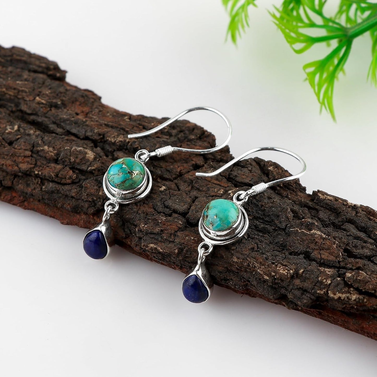 Turquoise & Lapis Lazuli Gemstone Earrings | 925 Sterling Silver Jewelry | Artiasn Crafted Handmade Jewelry | Stunning Drop Design | Healing Crystals | Perfact Gift for Women
