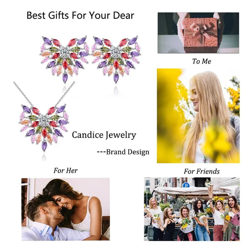 CANDICE New Fashion Women Heart Pendant Jewelry Set Pave Purple Red Green Marquise Cubic Zirconia Party Chain Necklace Big Stud Earrings Sets for Girls Gift - WORLD TIME VISITS