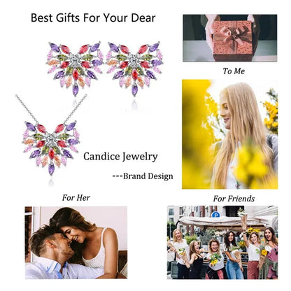 CANDICE New Fashion Women Heart Pendant Jewelry Set Pave Purple Red Green Marquise Cubic Zirconia Party Chain Necklace Big Stud Earrings Sets for Girls Gift - WORLD TIME VISITS