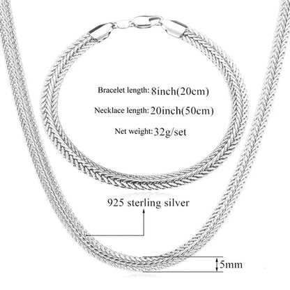 FASHION 925 Sterling Silver Men Party Jewelry Men's Foxtail Chain Necklace Bracelet Jewelry Set - WORLD TIME VISITS