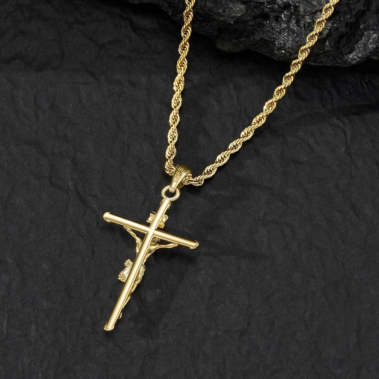 18K Gold over S925 Crucifix Necklace for Men with Rope/Cuban Chain, Catholic Jesus Cross Pendant, Men'S Religious Gift for Easter Christmas
