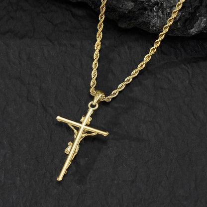 18K Gold over S925 Crucifix Necklace for Men with Rope/Cuban Chain, Catholic Jesus Cross Pendant, Men'S Religious Gift for Easter Christmas