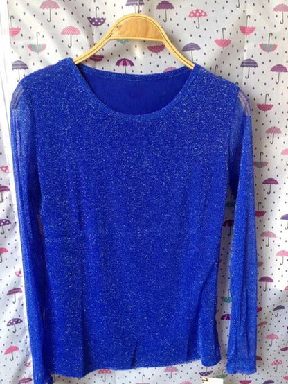 Korean new style sexy T-shirt Party Fashion New Wild Shiny Gold and Silver Mesh Yarn Round Neck Shirt Blouses