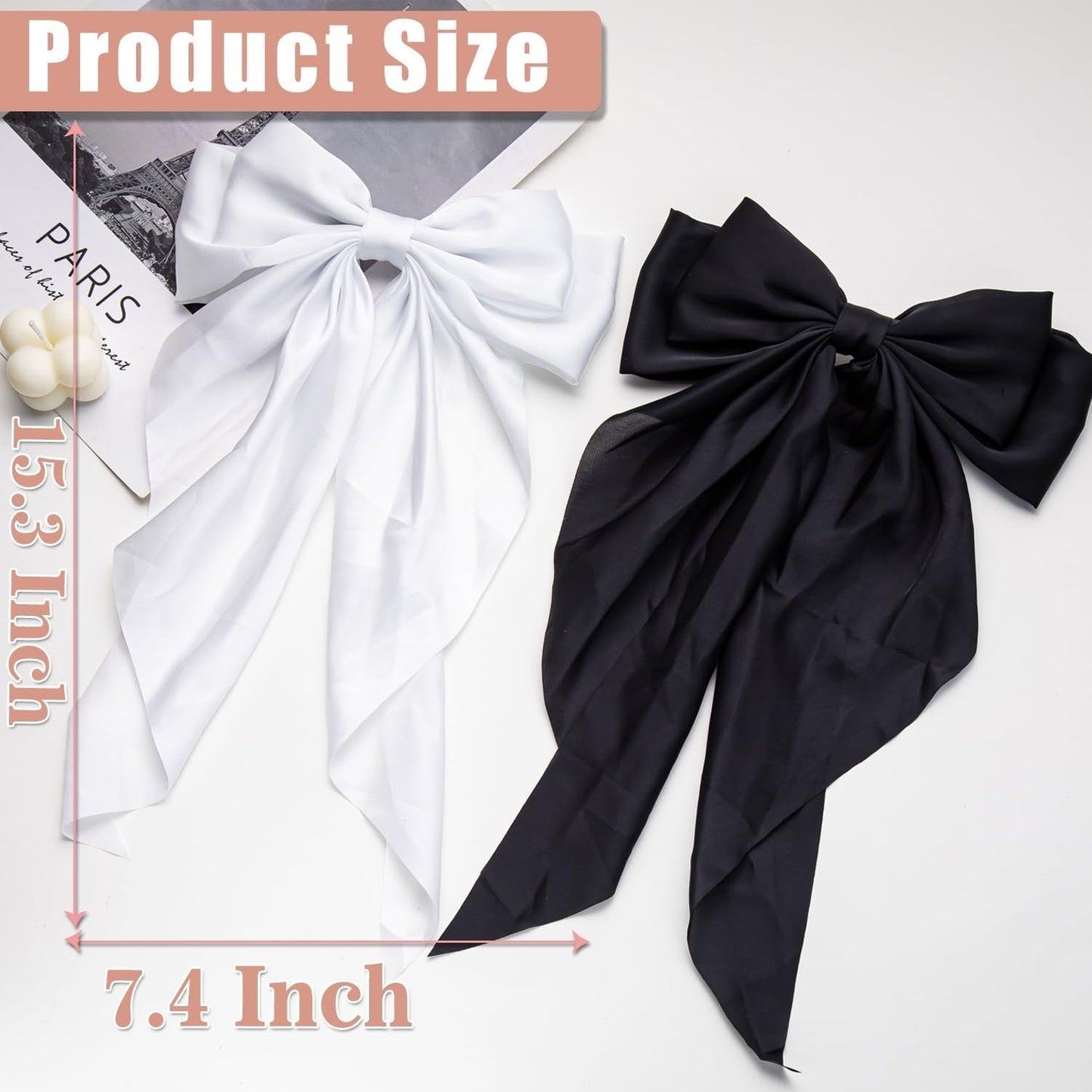 Hair Bows 2 PCS Ribbon Bow for Women and Girls, Oversized Long-Tail Cute Aesthetic, Large Hair Barrettes (Black White)