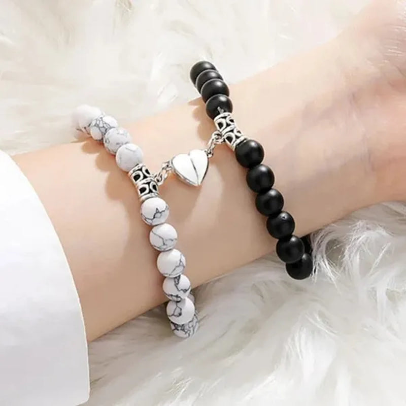 2pcs Delicate Women's White Turquoise Frosted Couple Bracelets Heart Shaped Beads Bracelets Hand Woven Adjustable Bracelets Women's Couple Jewelry Accessories Birthday Party Anniversary Gift