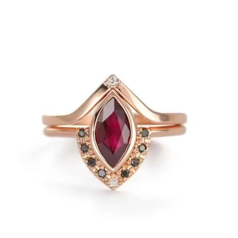 1PC Rose Gold Natural Rhombus 2 In 1 Ruby Engagement Ring Marquise Bridal Wedding Ring with Black Diamonds Women Ruby Ring Diamond Fine Jewelry