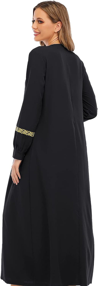 Womens Long Sleeve Ethnic Style Zipper Muslim Dresses Abaya with Hijabs