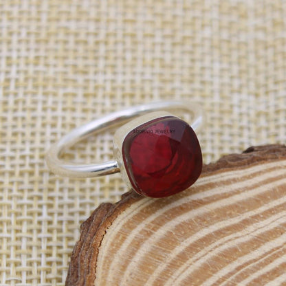 Solid 925 Sterling Silver Ring for Womens Ruby Ring Sterling Silver Wedding Ring July Birthstone Checkerboard Cushion Gemstone Ring