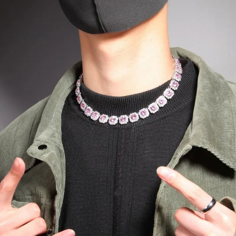 Hip-hop Copper Inlaid Zircon Crystal Sugar Necklace Hipster Personality Pink Yellow Diamond Necklace for Men and Women with The Same Paragraph