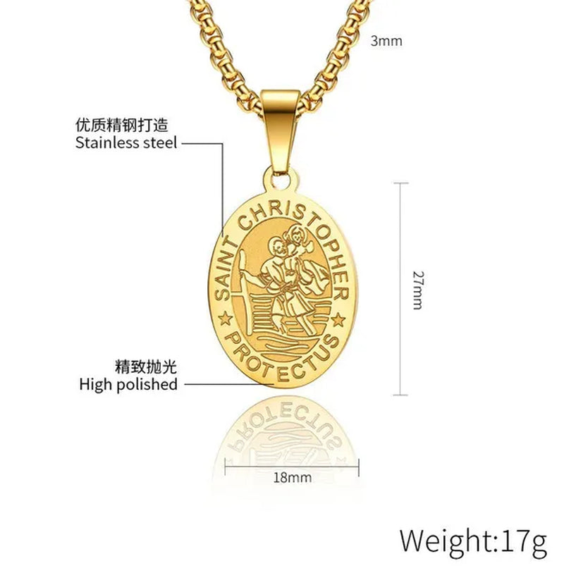Oval St Christopher Medal Necklace Stainless Steel Saint Christopher Protect Us Pendant Catholic Patron Religious Amulet Jewelry Silver / Black / Silver