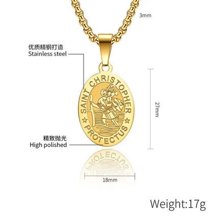Oval St Christopher Medal Necklace Stainless Steel Saint Christopher Protect Us Pendant Catholic Patron Religious Amulet Jewelry Silver / Black / Silver