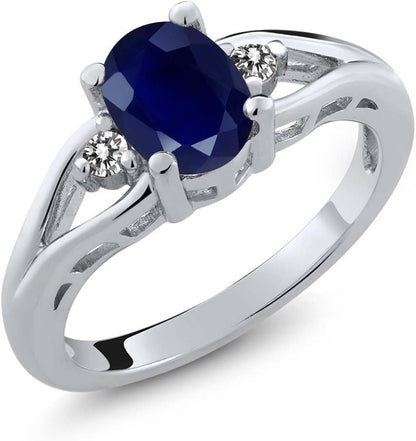 925 Sterling Silver Gemstone Birthstone and Diamond 3 Stone Engagement Ring for Women | Oval 8X6MM | round 2MM | Wedding Engagement Anniversary Promise Ring | Sizes 5-9