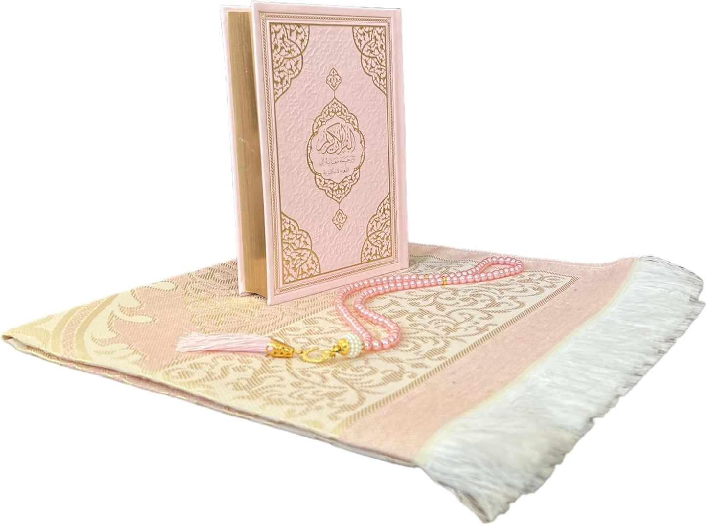 English Translate Thermo Leather Covered Quran, Tafta Prayer Mat and Beads Set |Quran Size:8X5.5X1.2 İnch/20X14X3Cm | Muslim Prayer Mat | Great Ramadan Gifts for Muslim Men,Women (Pink, 1 Sets)