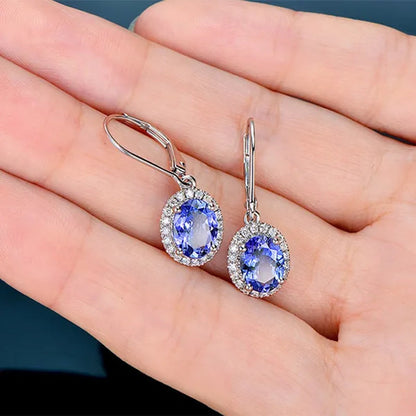 Exquisite 4 Prong Setting Oval Blue Sapphire Side Micro Inlay Diamond Drop Earring for Women Engagement Wedding Jewelry