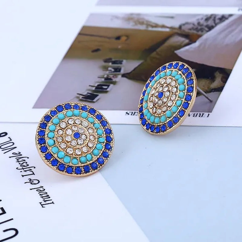 4 Pieces Set Round Turkish Blue Evil Eye Necklace Earring Bracelet Ring Fashion Rhinestone Eye Necklace Bracelet Ring Earrings Set for Women Jewelry