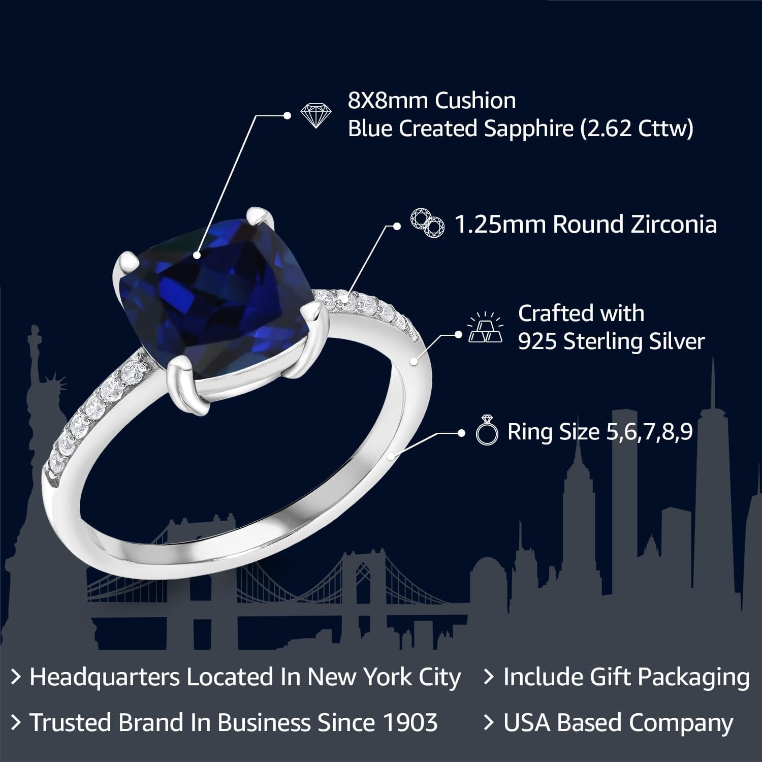 925 Sterling Silver 8MM Cushion Cut Gemstone Birthstone Engagement Ring | Wedding Anniversary Promise Ring for Women | Available in Size 5-9 - WORLD TIME VISITS