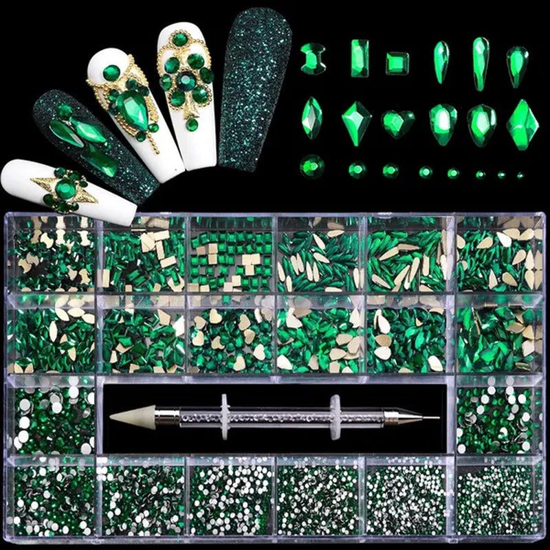 3000Pcs/Box Mixed AB Glass Crystal Diamond In Grids 21 Shape and  Flatback Nail Art Rhinestone Set with 1 Pick Up Pen