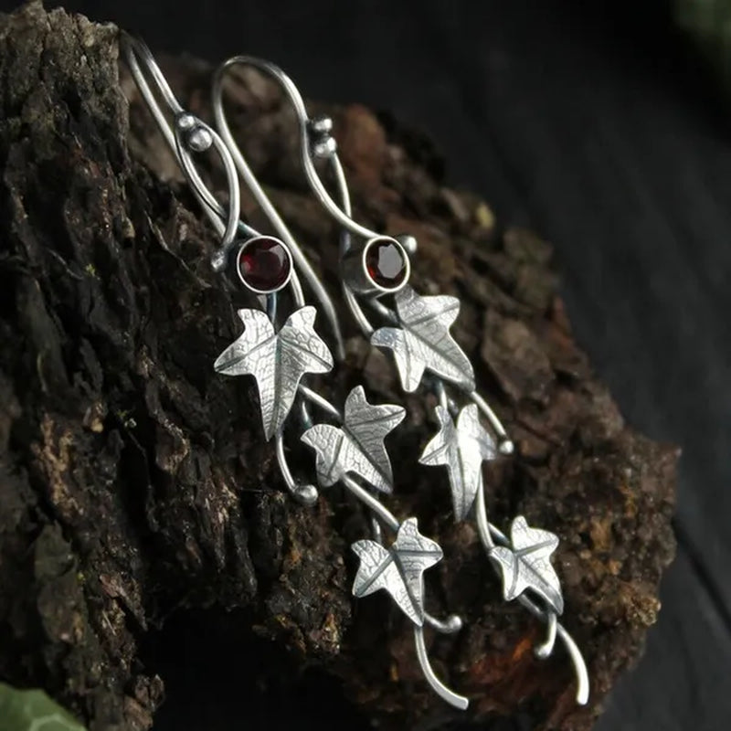 Retro 925 Sterling Silver Natural Gemstone Leaf Ivy and Elf Earrings for Women Charm Emerald & Sapphire & Ruby & Amethyst Dangle Earring Fashion Wedding Engagement Hoop Earring