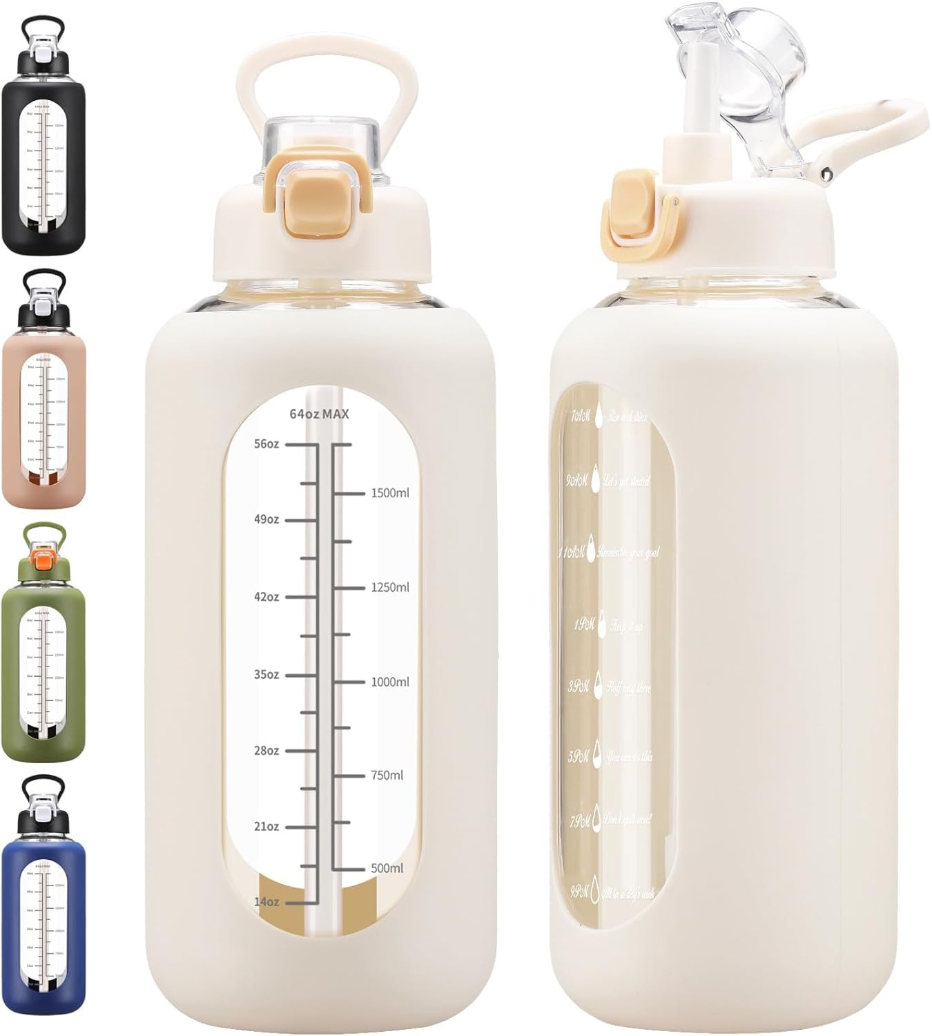 64 Oz Glass Water Bolttles with Straw Half Gallon Large Motivational Water Bottle with Time Marker Sports Water Bottles with Silicone Sleeve and Handle Lid Water Jug for Gym Workout - WORLD TIME VISITS