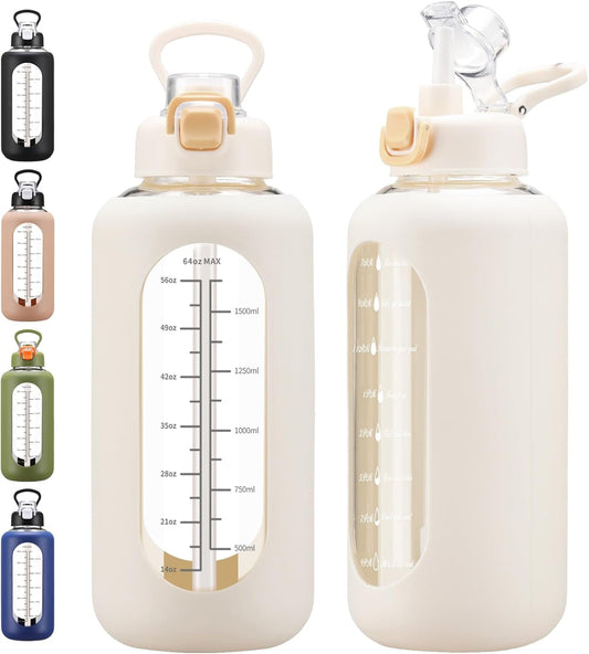 64 Oz Glass Water Bolttles with Straw Half Gallon Large Motivational Water Bottle with Time Marker Sports Water Bottles with Silicone Sleeve and Handle Lid Water Jug for Gym Workout - WORLD TIME VISITS