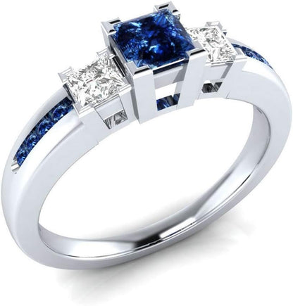 925 Sterling Silver Fashion Natural Ruby Sapphire Ring Square Perfect Cut 3-Stone Rainbow Cubic Zirconia Rings CZ Eternity Engagement Wedding Band Ring for Women - WORLD TIME VISITS