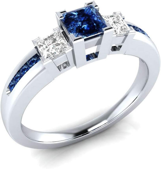 925 Sterling Silver Fashion Natural Ruby Sapphire Ring Square Perfect Cut 3-Stone Rainbow Cubic Zirconia Rings CZ Eternity Engagement Wedding Band Ring for Women - WORLD TIME VISITS