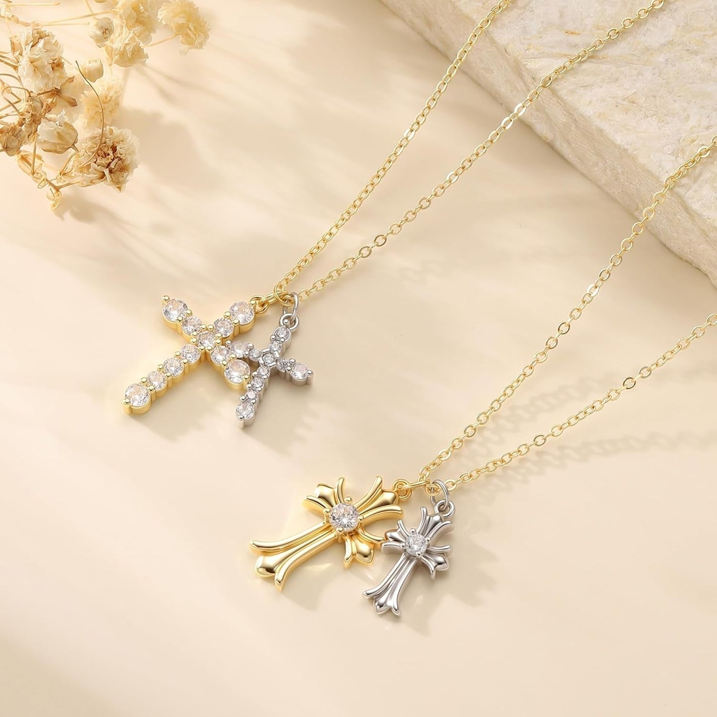 Cross Necklace 14K Gold/Silver Plated Double Cross Pendant Necklace Dainty Diamond Cross Charm Link Chain Choker Delicate Faith Jewelry Religious Gifts for Women,Valentine'S Day Gift
