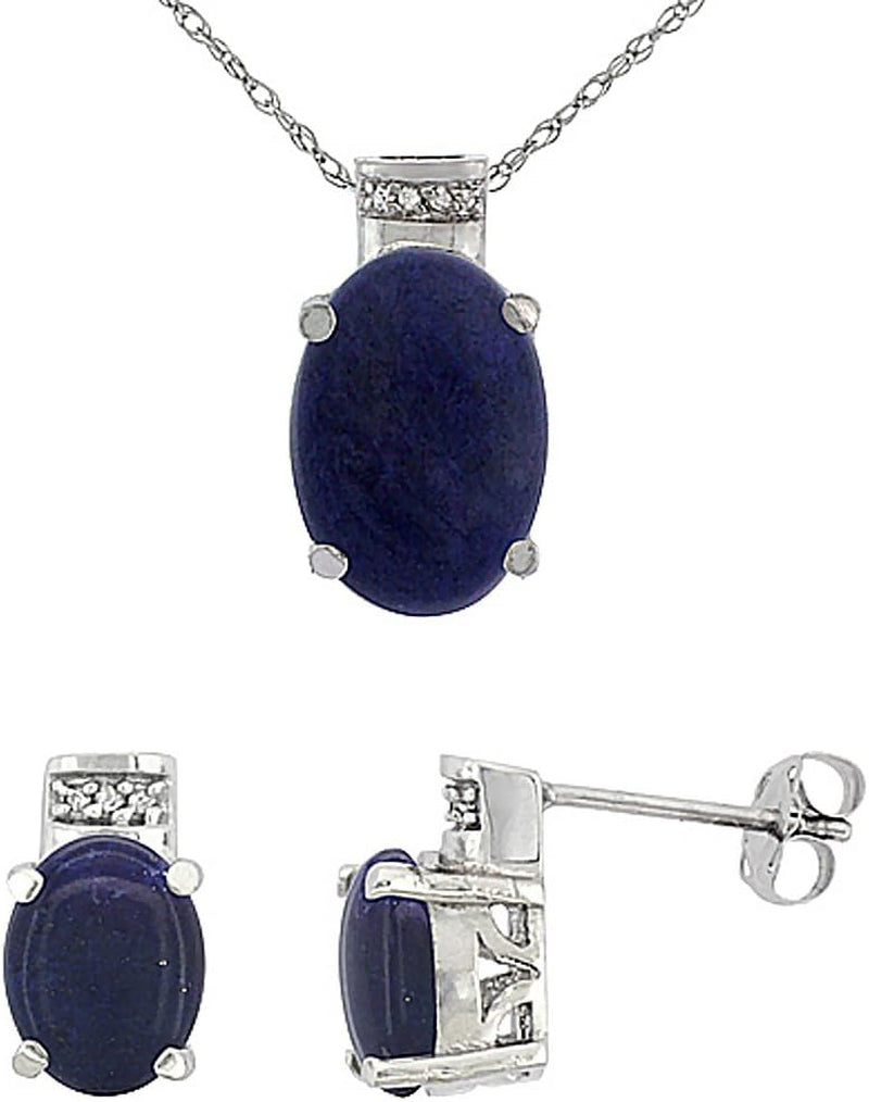 10K White Gold Diamond Natural Lapis Earring Necklace Set Oval 8X6Mm & 14X10Mm, 18 Inch Long