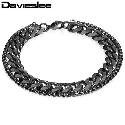 9mm Bracelet for Men Women Curb Cuban Box Link Double Chain Gold Silver Black Tone Gold Plated Stainless Steel Wristband Polished Fashion Jewelry