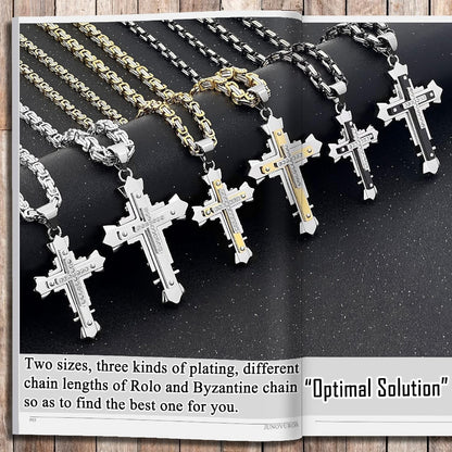 Stainless Steel Jesus Christ Cross Pendant Necklace for Men, 20 to 28 in Rolo/Byzantine Chain, 2 Sizes of Religious Jewelry with Silver/Gold/Black