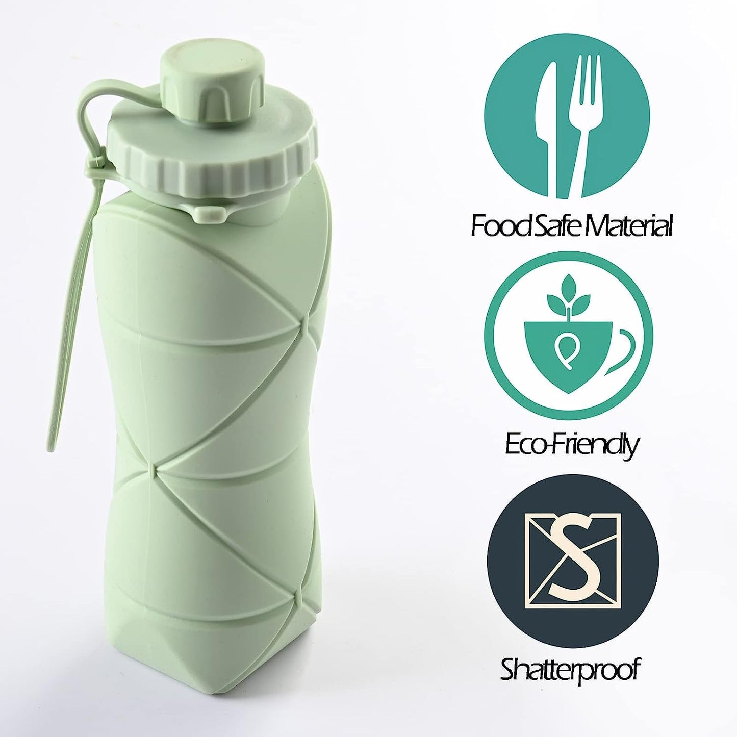Collapsible Water Bottle, Silicone Foldable Water Bottles for Travel, Easy-To-Carry Design and Compact Size, BPA Free, 20 Oz (Green)