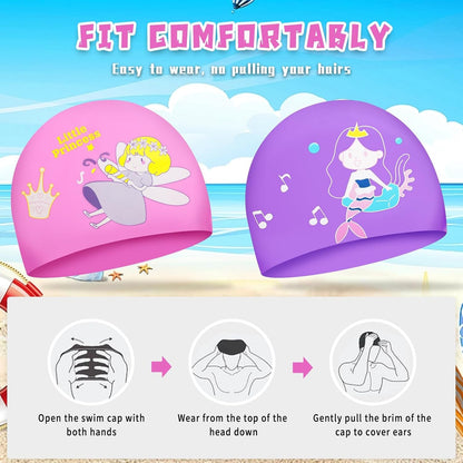 2 Pack Swim Cap for Kids Girl Boys Youth, Waterproof Swimming Cap for Long and Short Hair, Durable Silicone Bathing Cap with Storage Bag