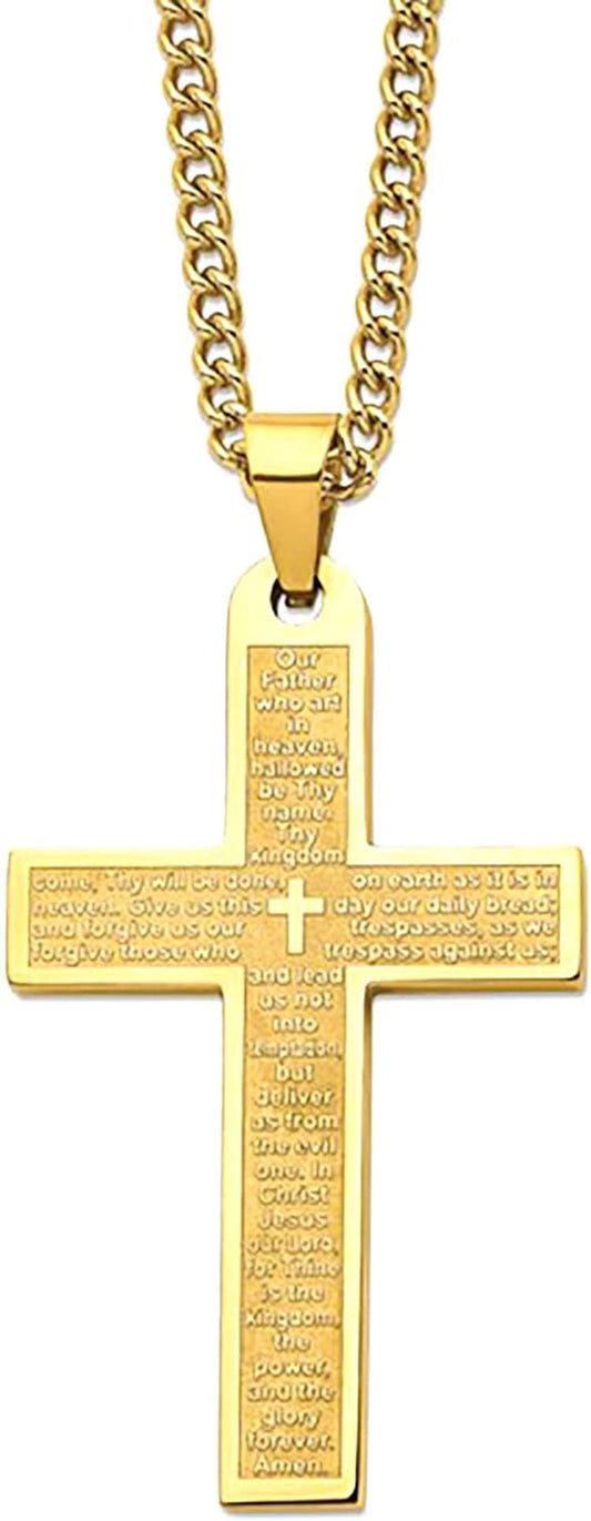 Stainless Steel Polished Yellow Color Lord'S Prayer Cross Pendant on a 24" Curb Chain Necklace - WORLD TIME VISITS
