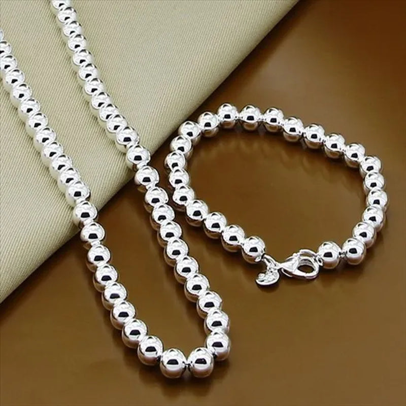 Fashion 925 Sterling Silver 8Mm Hollow Smooth round Beads Necklace Bracelets Set for Women Wedding Engagement Party Jewelry