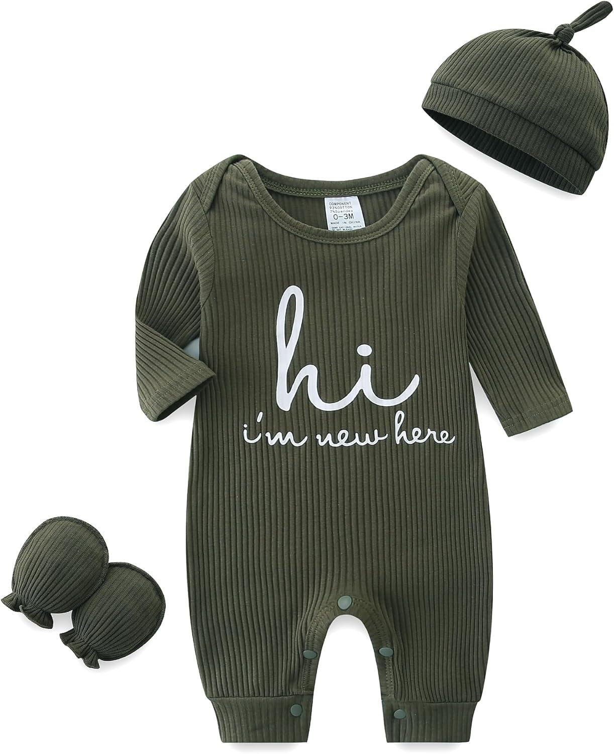 Unisex Newborn Baby Onesie Ribbed Romper Infant Long Sleeve Jumpsuit Hat and Gloves - WORLD TIME VISITS