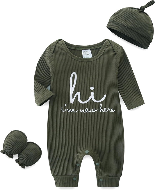 Unisex Newborn Baby Onesie Ribbed Romper Infant Long Sleeve Jumpsuit Hat and Gloves - WORLD TIME VISITS