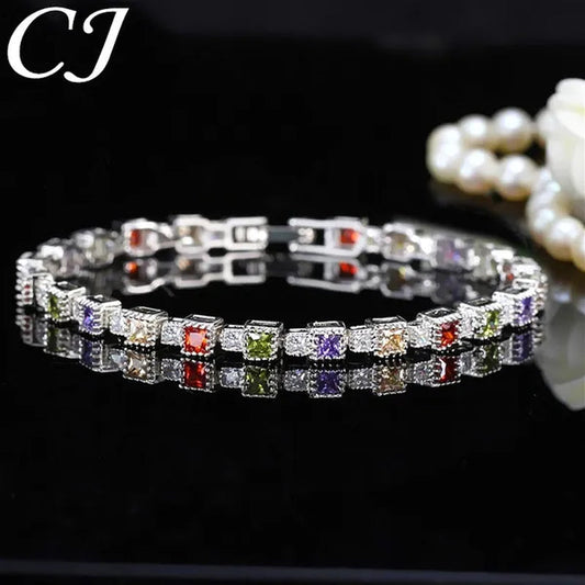 CANDICE Brilliant Square Multicolor Cubic Zirconia Crystal Pave Sterling Silver Plated Fashion Tennis Bracelet for Women Summer Jewelry