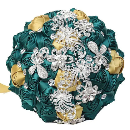 21CM Silver Rhinestone Bridal Hand Flowers Ribbon Wedding Hand Bouquet Mixed Color Silk Rose Diamond Brooch Bridesmaid Bouquet Wedding Supplies