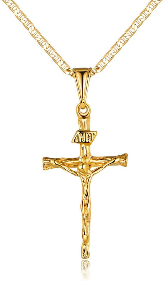 Cross Necklace for Women & Men 18K Gold Plated Flat Mariner/Marina 060 3MM Chain Necklace with Cross Pendant. - WORLD TIME VISITS