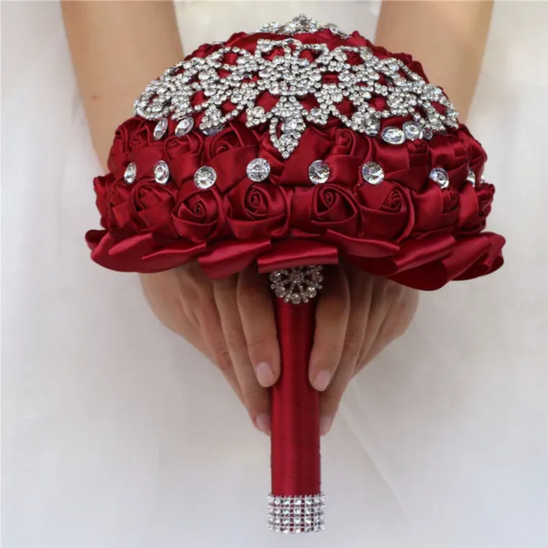 21CM Creative Handmade Diamond Flower Brooch Bouquet Ribbon Silk Rose Wedding Flower Bridal Bouquet Bridesmaid Holding Flowers