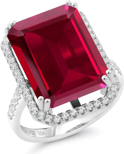 925 Sterling Silver Gemstone Birthstone Engagement Ring | Emerald Cut 18X13MM | Wedding Anniversary Promise Ring for Women | Available in Size 5, 6, 7, 8, 9
