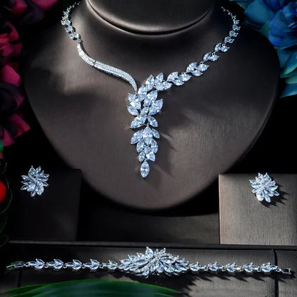 Gloriya Dazzling AAA CZ Bridal Jewelry Set for Classy Bride White Gold Plated Engagement Party Big Leaf Drop Dangle Necklace Earrings Bracelet