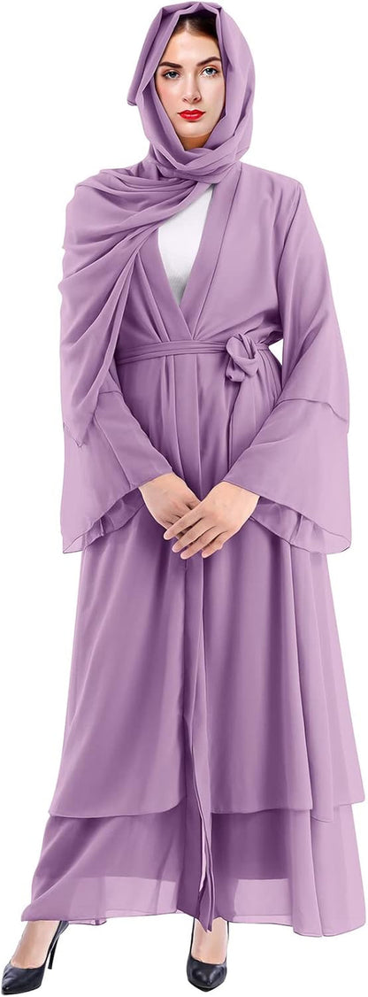 Muslim Abaya Dress for Women - Long Sleeve Islamic Dubai Abaya Cardigan Robe - Middle East Prayer Dress with Hijab
