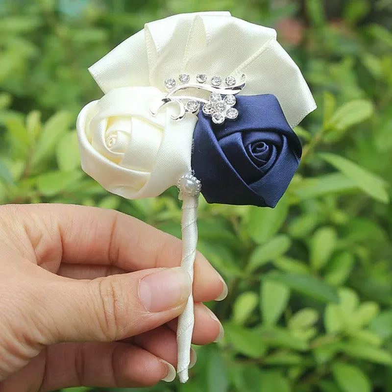 Handmade 8Piece/Lot Colorful Silk Rose Wedding Corsages Boutonniere Groom Diamond Wedding Flowers Boutonniere Brooch Flower