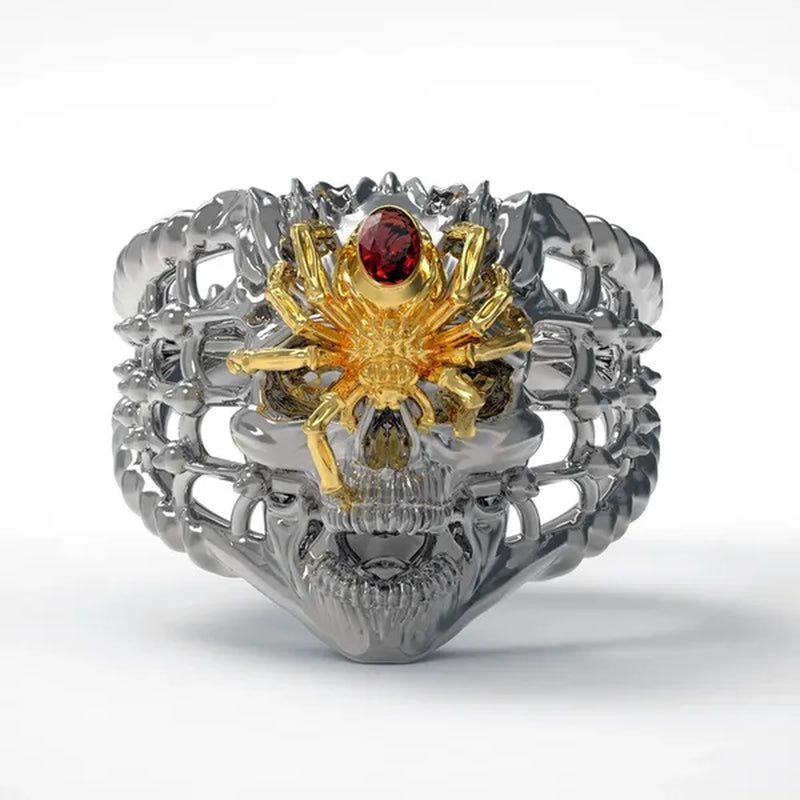 Retro Personality Two-Tone Stainless Steel Spider Skull Ring Ruby Inlay Men'S Punk Jewelry