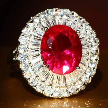 Luxurious Silver Natural Gemstones Ruby and White Sapphire Wedding Birthstone Bride Engagement Multilevel Square Ring Jewelry Size 6 7 8 9 10