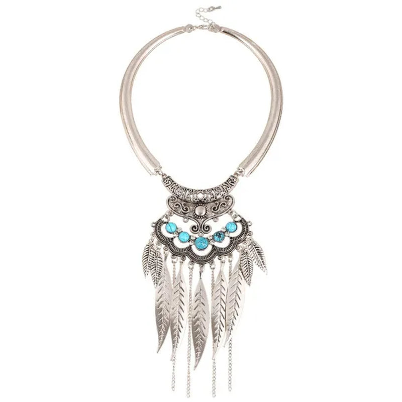 Bohemian Gypsy Ethnic Choker Collar Vintage Leaf Tassel Maxi Statement Pendant Necklace Jewelry